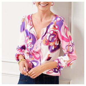 Talbots Abstract Floral Gathered Tie Neck Top